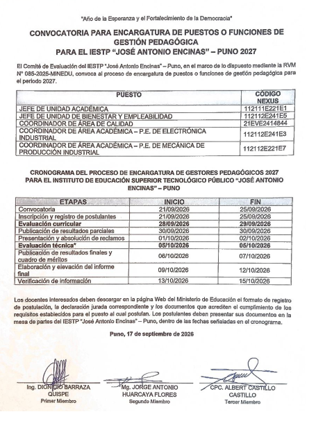CONVOCATORIA PARA ENCARGATURA DE PUESTOS O FUNCIONES DE GESTIÓN PEDAGÓGICA – PERIODO 2027  IESTP “JOSÉ ANTONIO ENCINAS” – PUNO